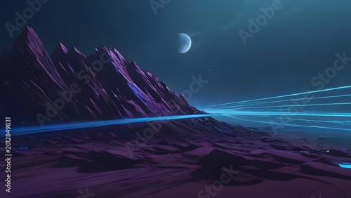 Alien landscape with purple mountains under a glowing moon and futuristic light streaks
