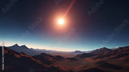 Alien planet landscape with distant sun during twilight with rocky mountains and vast valley