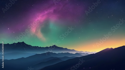 Aurora borealis over misty mountain range during twilight with starry sky