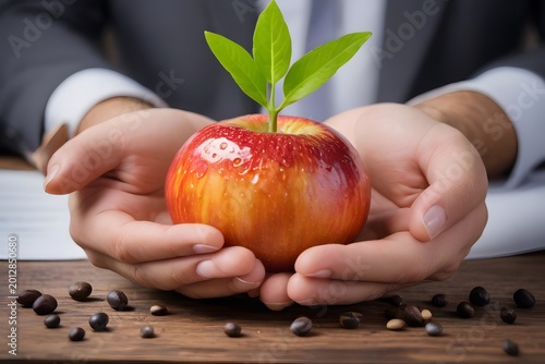 Businessperson's hands cradling a vibrant with a sprouting seedling during a bright studio session symbolizing growth and investment