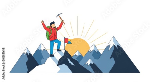 Adventurer hikes bold mountain ridge during sunrise.