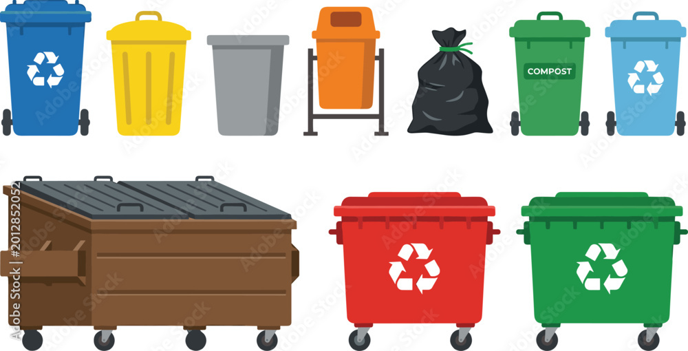 Obraz premium Waste management and recycling bin collection featuring colorful trash cans dumpsters compost bins and garbage bags for environmental protection isolated on white background vector