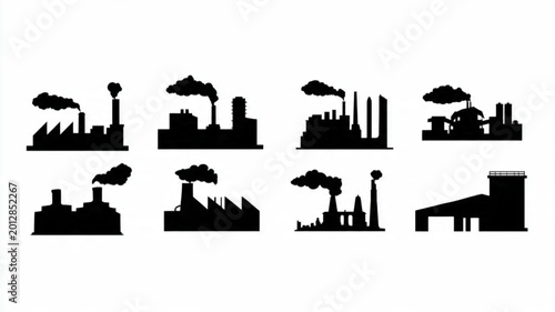 Photography Industrial factory buildings with smokestacks.