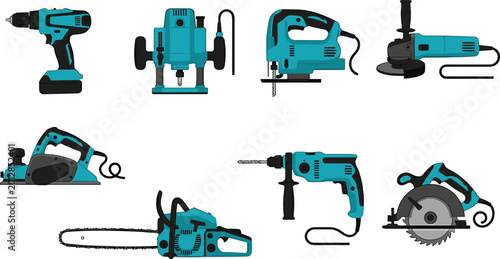 Fotografia Professional electric power tools set for construction and woodworking featuring
