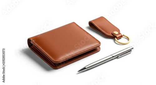 Brown Leather Wallet with Keychain and Pen on White Background.