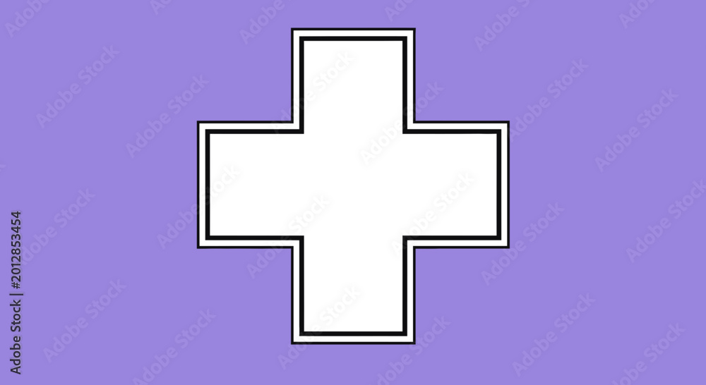 Obraz premium Abstract Geometric Cross Shape With White Interior And Black Outline On Violet Background