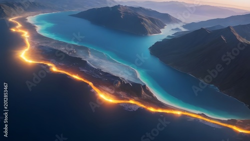 Coastal landscape with glowing volcanic eruption against a serene blue ocean and mountains at dawn