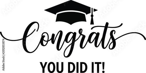 Black graduation cap icon with congratulatory text