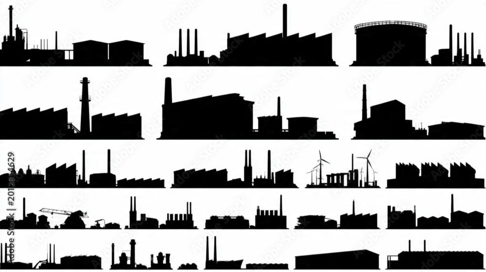 Fototapeta premium Industrial factory buildings and silhouettes.