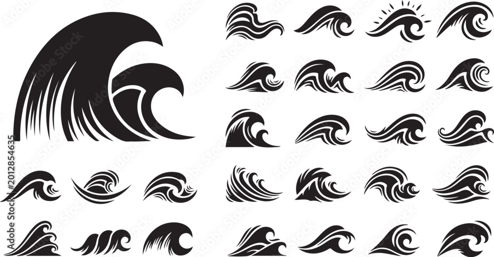 Obraz premium Decorative ocean surf and wave silhouette collection