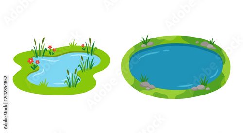 Obraz na plátne Cartoon ponds with vegetation isolated on white background