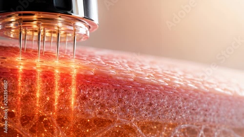Red cosmetic microneedling device penetrating glowing skin layers in close up view, futuristic dermatology treatment, anti aging skincare technology, beauty science concept.