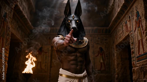 Powerful Anubis god with jackal head walks through burning ancient Egyptian temple with fire and smoke. Epic dark fantasy warrior deity for mythology and cinematic projects.