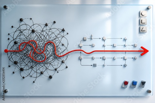 Abstract strategy concept with red arrow path over network diagram on glass board