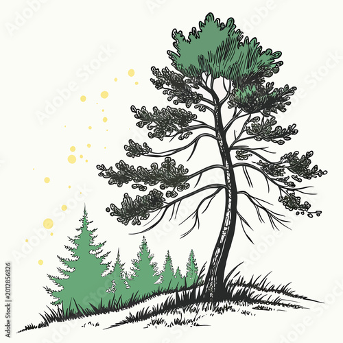 Pine tree with paint splash effect, artistic vector, white background