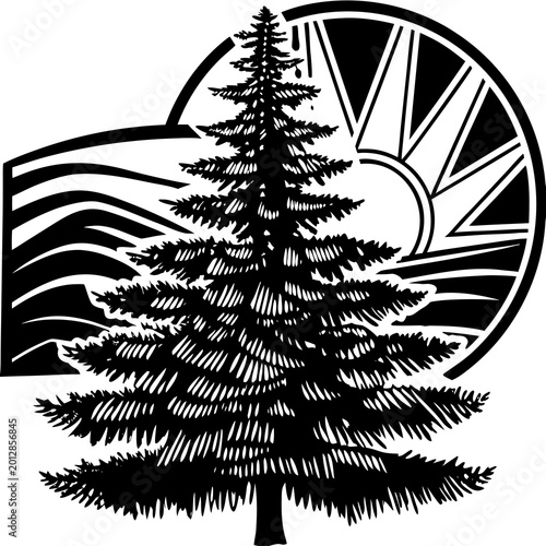 Pine tree silhouette with abstract shapes background, modern art style, white background