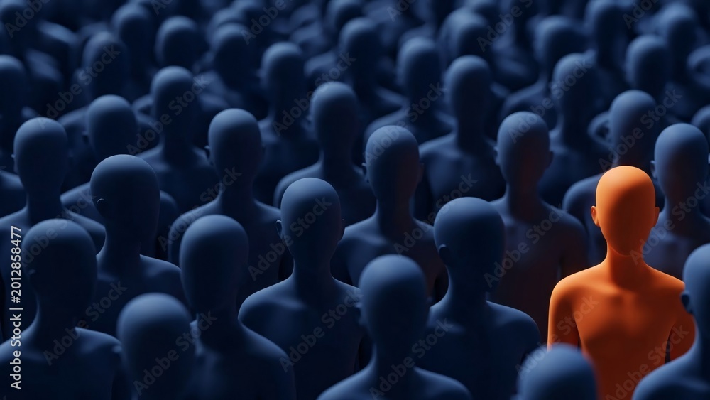 Obraz premium Diverse group of faceless human figures with one orange figure standing out in a crowd of blue figures symbolizing individuality and uniqueness in a large audience or community setting