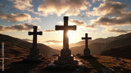Three stone crosses silhouetted against a dramatic sunset sky representing the crucifixion and christian faith.