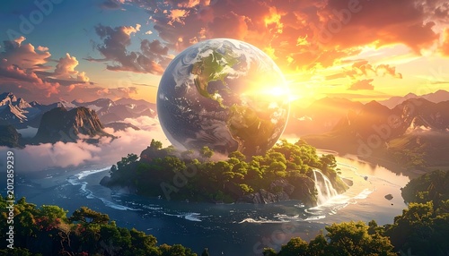 Earth Globe on Island Paradise Landscape.