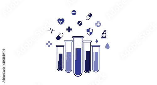 Abstract Medical Illustration Featuring Test Tubes And Healthcare Elements In Blue Tones