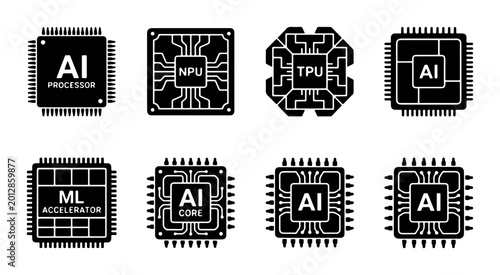 Artificial Intelligence Processor Icons, 8 AI Chip and ML Accelerator Vector Set, NPU and TPU Neural Network Hardware Symbols for Tech Design