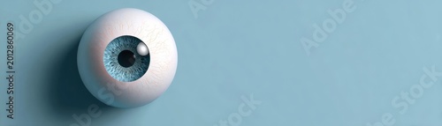 Single, realistic eyeball rests on a soft blue surface
