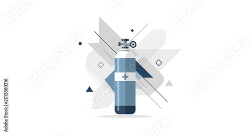 Abstract Oxygen Tank Illustration with Geometric Shapes, Medical Symbol in Blue and White