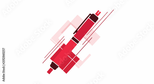 Abstract Pen Illustration with Geometric Shapes in Red and White Background Design