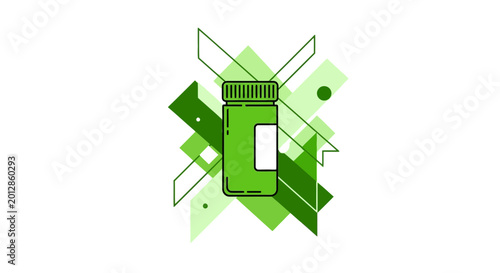 Abstract Pill Bottle Design on White Background with Green Geometric Elements Illustration