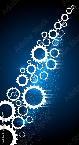 Dynamic abstract illustration of glowing white gears and cogs flowing on a deep blue background, symbolizing technological progress, mechanical engineering, and interconnected innovation concepts