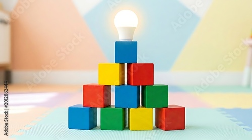Building Blocks of Innovation - Light Bulb Idea on Stacked Cubes.