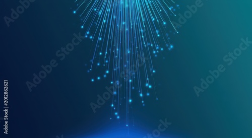 Abstract blue fiber optic light rays on dark gradient background.