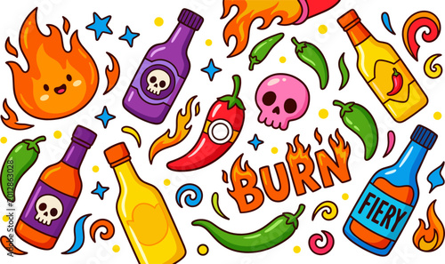 Schilderij op canvas Playful Hot Sauce and Pepper Icon Set Featuring Fire, Bottles, and Fun Elements