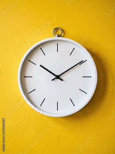 Minimalist White Wall Clock on Vibrant Yellow Background