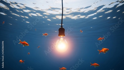 Creative underwater scene with a glowing light bulb hanging from above surrounded by colorful fish swimming in clear blue water ideal for aquatic themes and innovative ideas