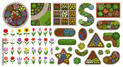 Tableau sur toile Floral arrangements and garden beds top view vector illustration