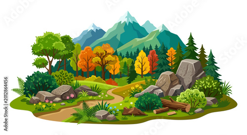 Foto mountain landscape illustration with forest and path vibrant colors