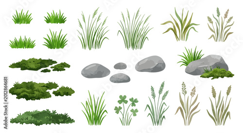Foto Watercolor grass and stones collection on a white background