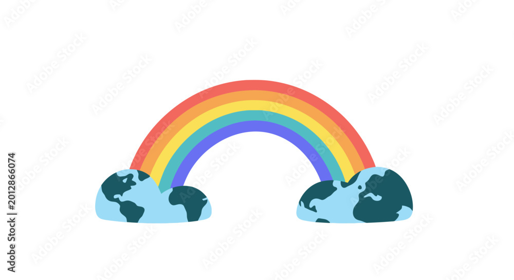Fototapeta premium Colorful Rainbow Connecting Two Halves of the Planet Earth. EPS Editable. Vector Illustrations.