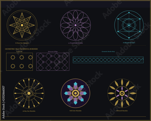 фотографія Sacred geometry mandala collection, gold and purple mystical symbols set, geomet