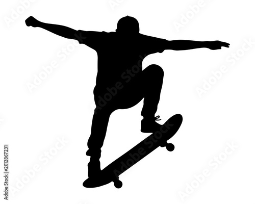 Fényképezés Silhouette of a Skateboarder Jumping on a White Background