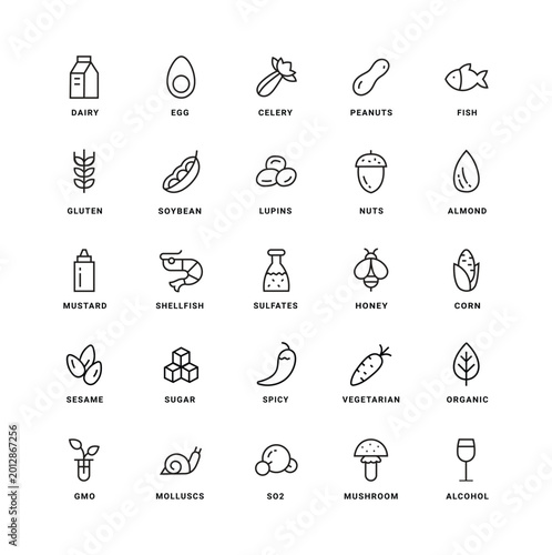 Fotografía Food Allergen and Dietary Restriction Icon Set 25 Line Symbols for Dairy, Gluten