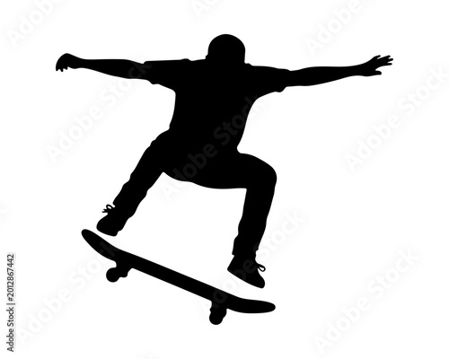 Tableau sur toile Silhouette of a Skateboarder Jumping in Mid-Air on White Background