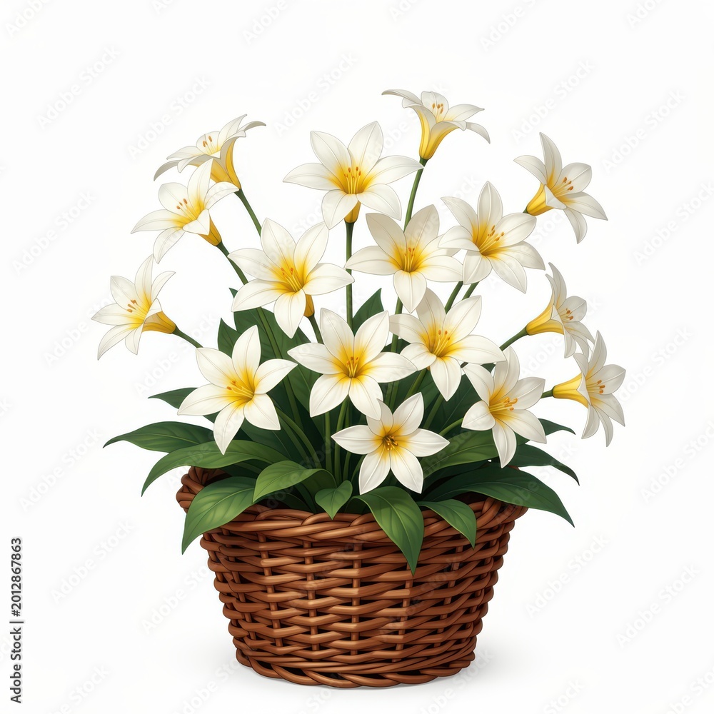 Obraz premium White Flowers in Wicker Basket with Green Foliage