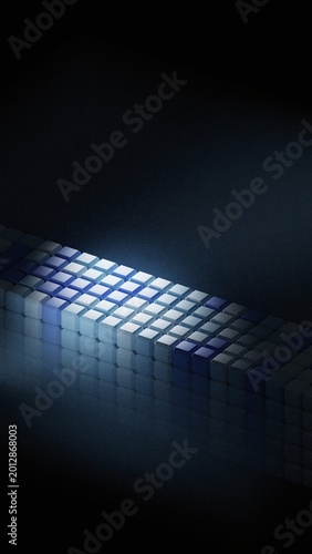3d cube grid glowing with blue light on dark background, isometric view of illuminated square blocks arranged in geometric pattern