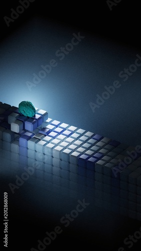 3d brain model placed on glowing isometric cube grid on dark blue background, teal brain resting on illuminated block array concept for artificial intelligence