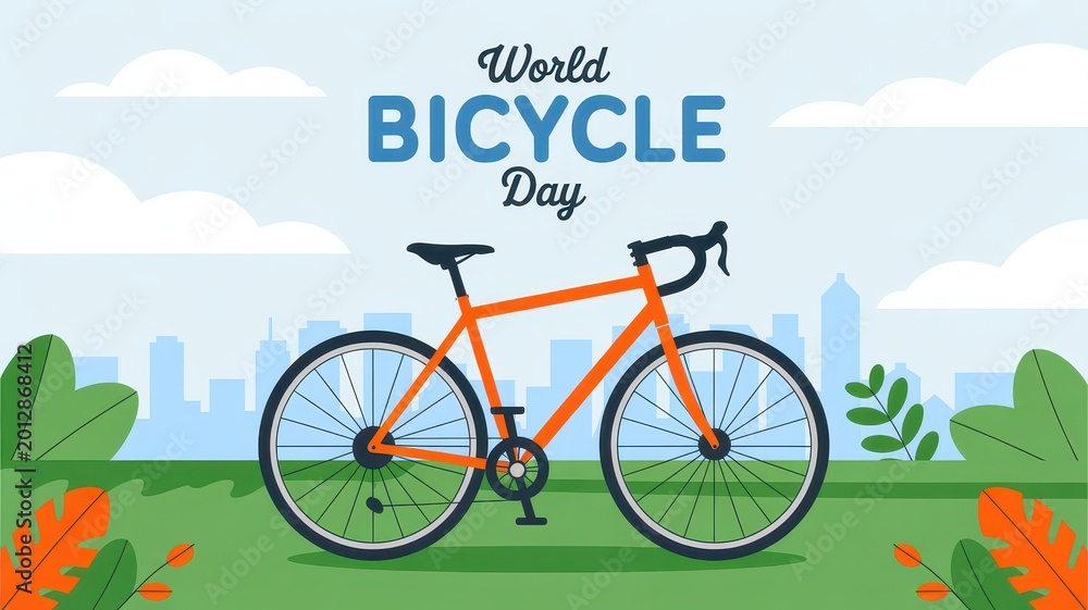 Fototapeta premium World Bicycle Day flat illustration with an orange bicycle in a park and city skyline background.