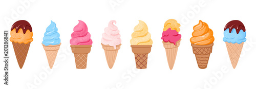 Photography Set of colorful ice cream with different flavors and waffle cones