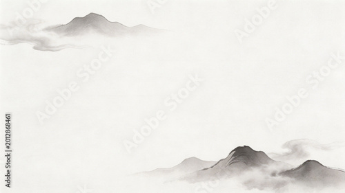 New Chinese ink painting blends green mountains with white background