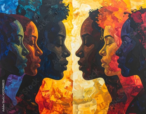 Diverse faces in profile silhouette.